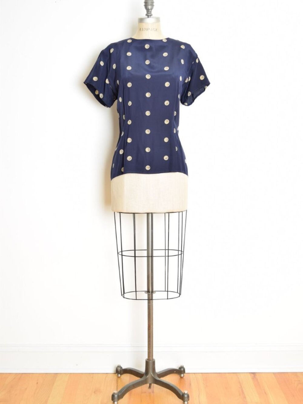 vintage 90s silk top Ann Taylor BUTTON PRINT navy blue blouse shirt L 14